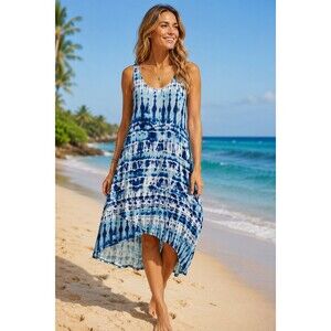 Sunday Blue Tie Dye Sleeveless Midi Sun Dress Rayon Blend Boho Beachy Coastal M